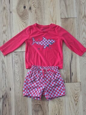 Baby GAP Red Rash Guard Top with Checkered Shark & Matching Swim Shorts